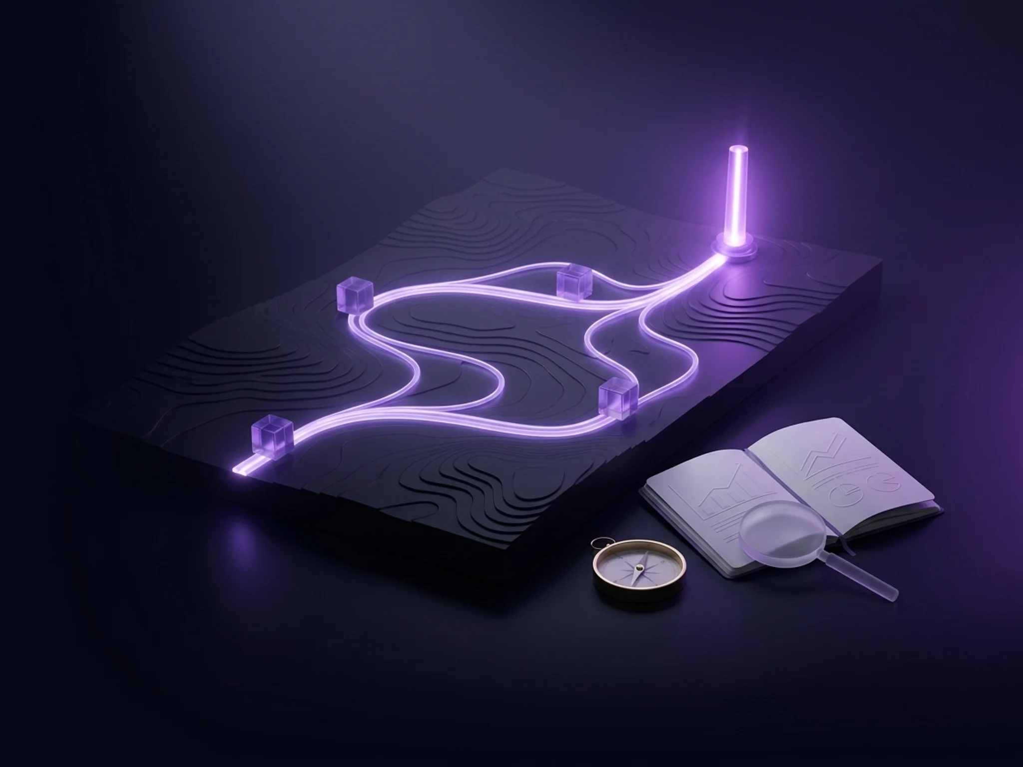 A glowing roadmap across a dark board, with several paths converging on one bright destination.