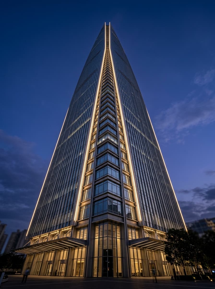 Dramatic low-angle view of an illuminated architectural skyscraper apex tapering into twilight