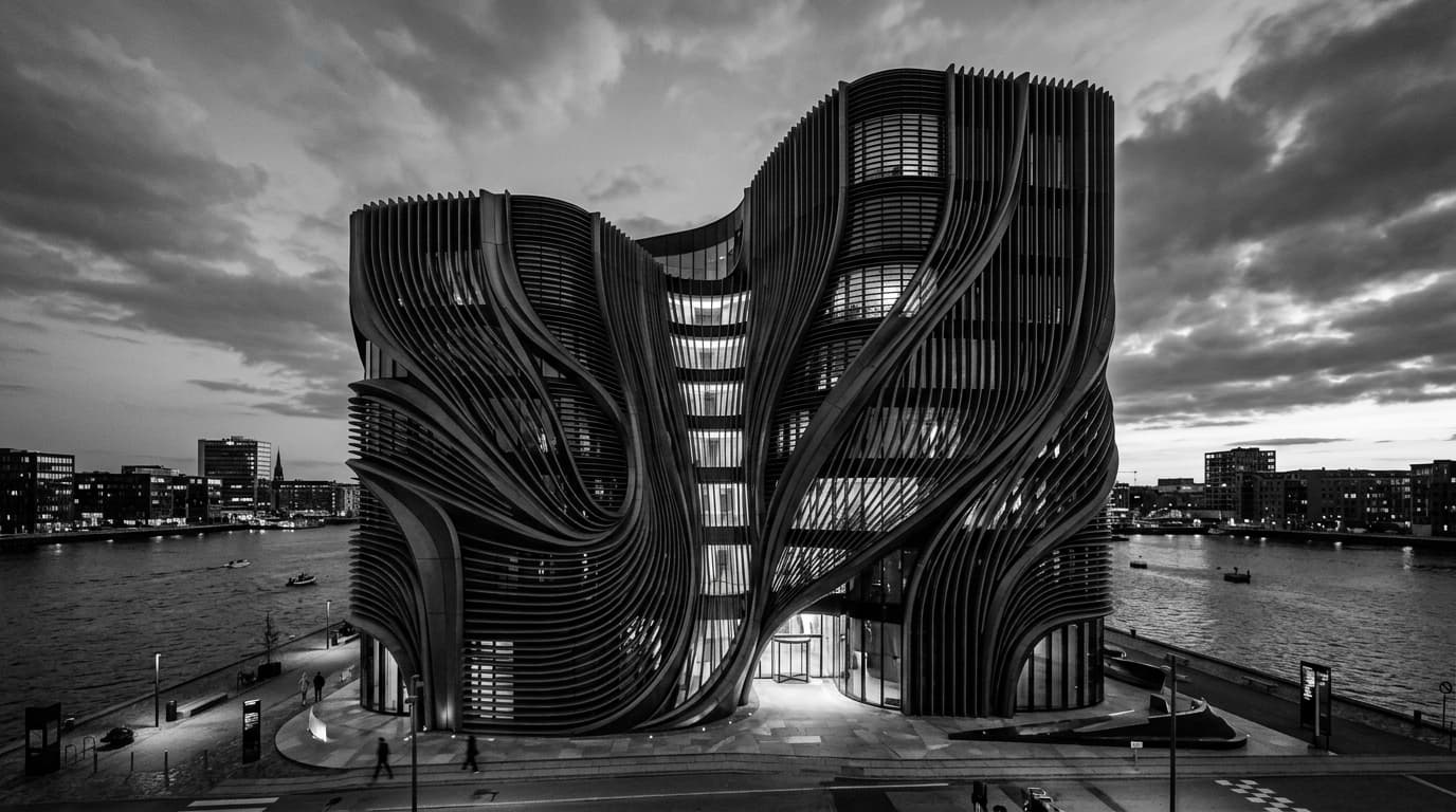 High-contrast modern sculptural organic curved building facade in Copenhagen at dusk