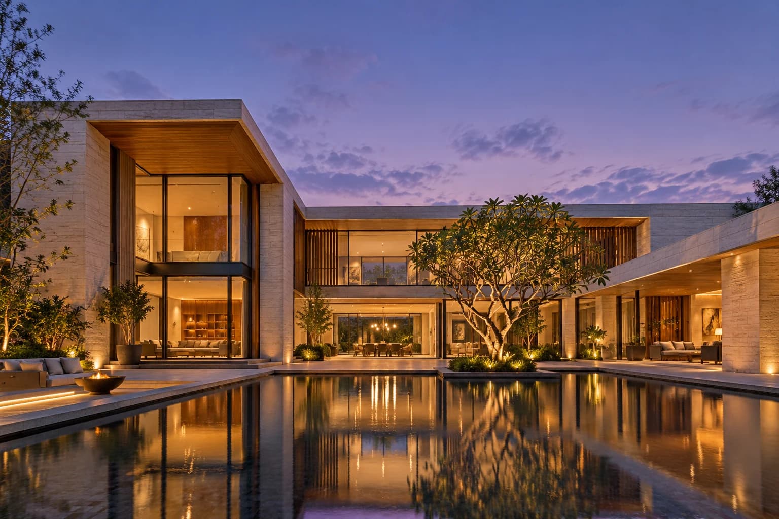 Concept image of a contemporary courtyard residence at dusk