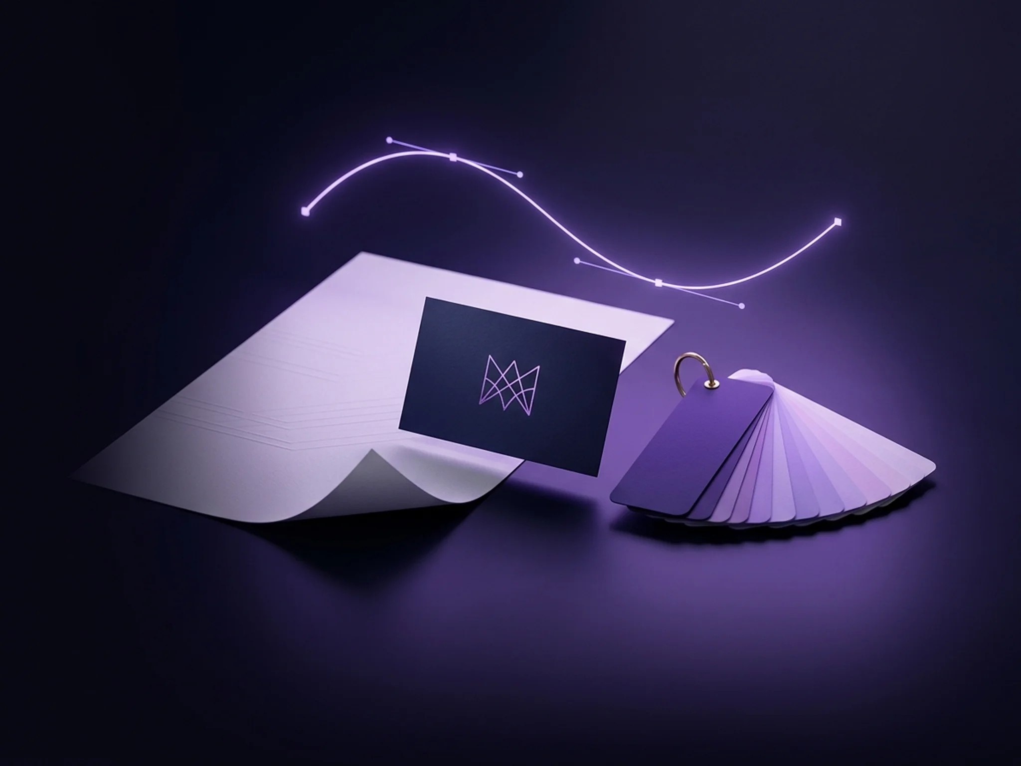 A branded stationery set with a monogram business card, colour swatches and a glowing pen-tool curve.